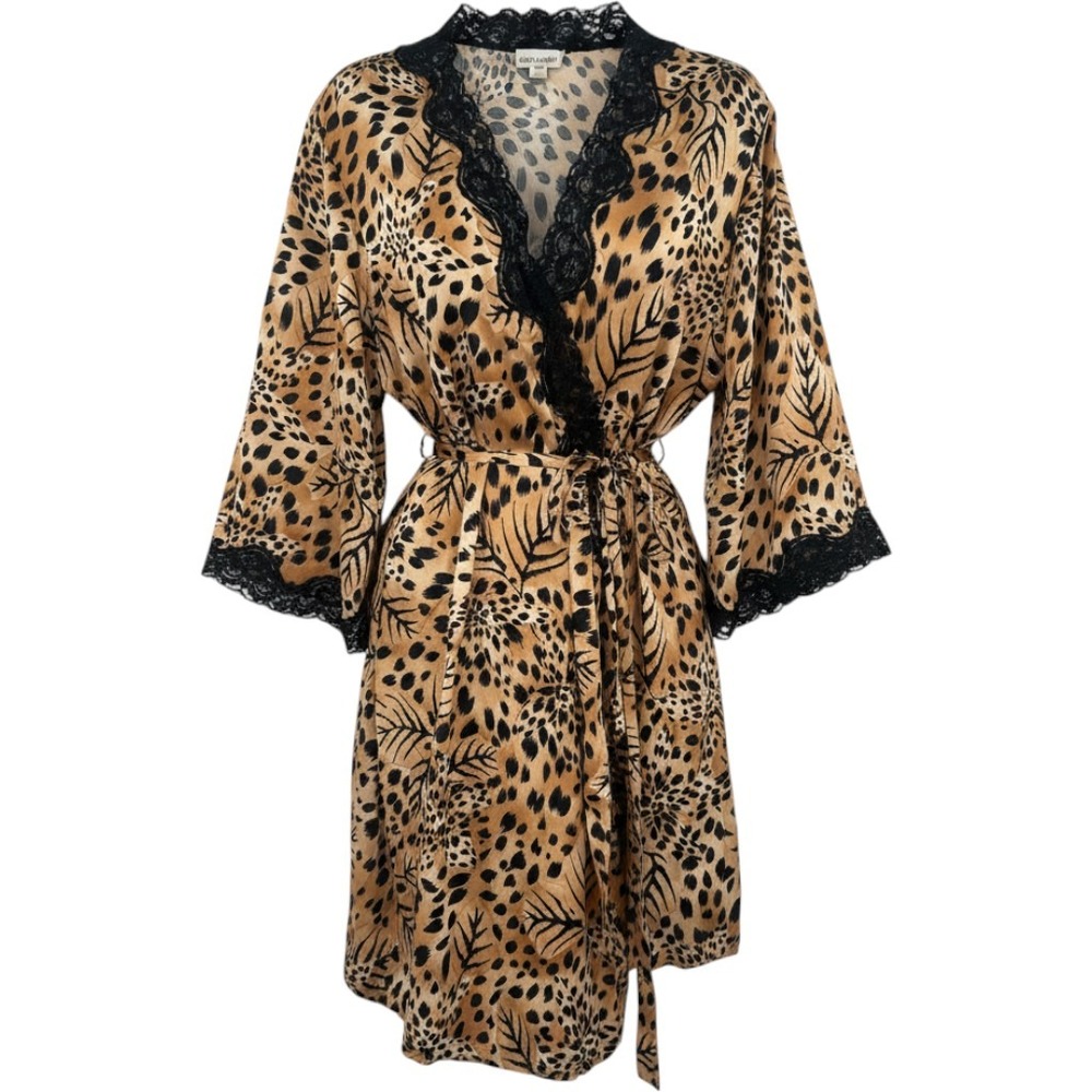 August Silk Intimates Leopard Print 100% Silk Lace Trim Robe Wrap Sz Medium